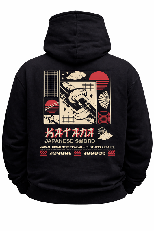 Black hoodie with Japan-inspired katana sword, red sun, clouds, and geometric streetwear graphics