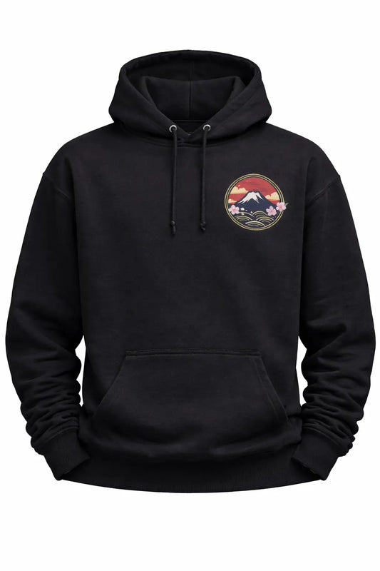 Black hoodie with Mount Fuji and sakura graphic, Japan-inspired streetwear design