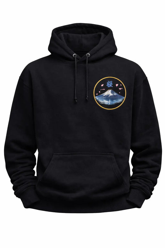 Black hoodie with Mount Fuji, sakura petals, and Japanese kanji graphic on chest