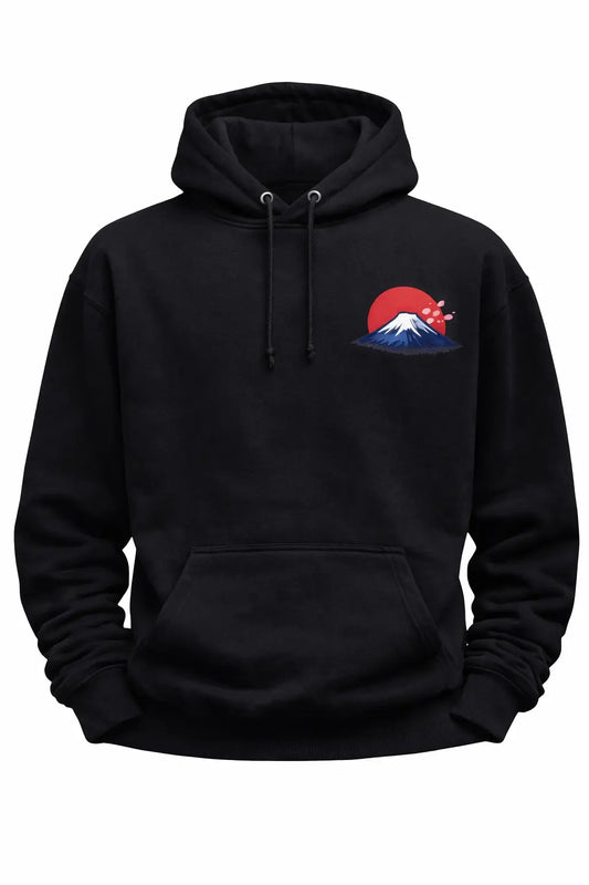 Black hoodie with Mount Fuji, red sun, and cherry blossom print, Japan-inspired streetwear.