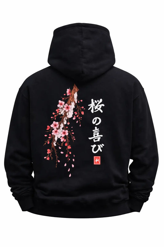 Black hoodie with cherry blossom branch and Japanese kanji on back, Japan streetwear style
