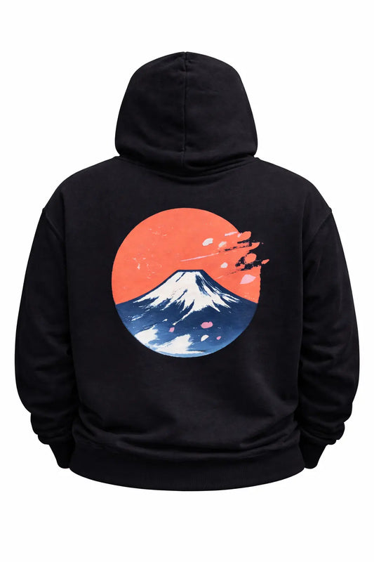 Black hoodie with Mount Fuji and sakura petals graphic in a red sun circle, Japan streetwear