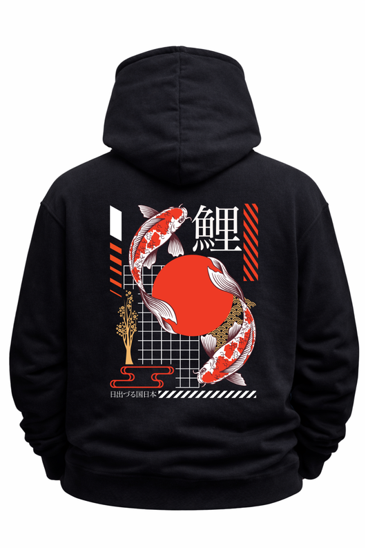 Black hoodie featuring Japanese koi fish, red sun, and geometric Japan-inspired streetwear design