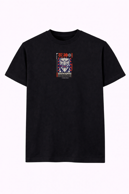 Black streetwear t-shirt with Japan-inspired samurai mask and Shinigami graphic on chest