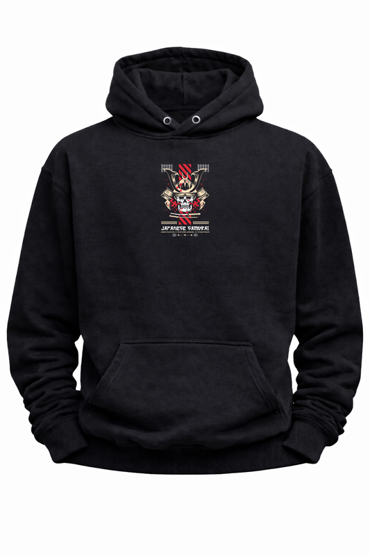 Black hoodie with Japanese samurai helmet graphic and text, streetwear style