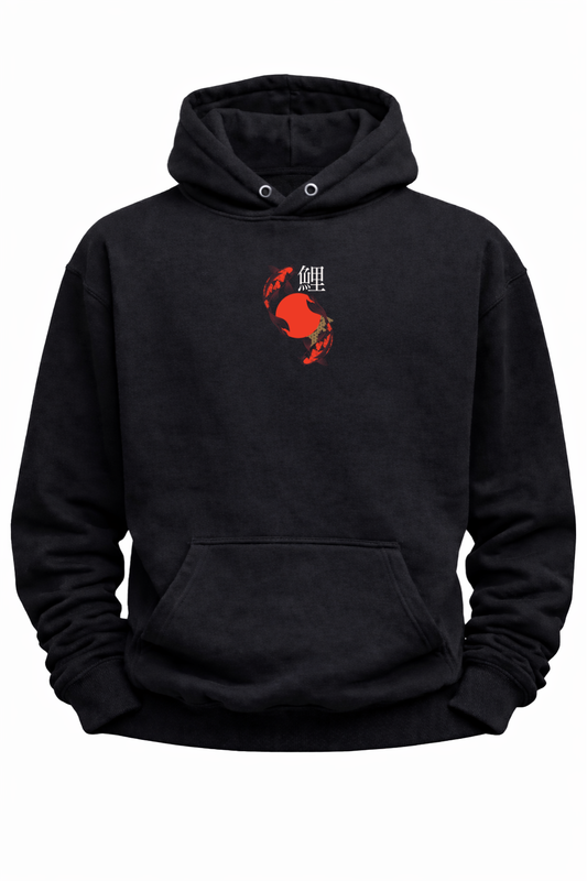 Black hoodie with red koi fish and Japanese sunrise graphic, Japan-inspired streetwear