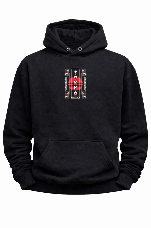 Black hoodie with Japan-inspired graphic, red sun, geometric patterns, and Japanese text.