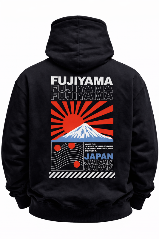 Black hoodie with Mount Fuji graphic, rising sun, and Japanese streetwear text design.
