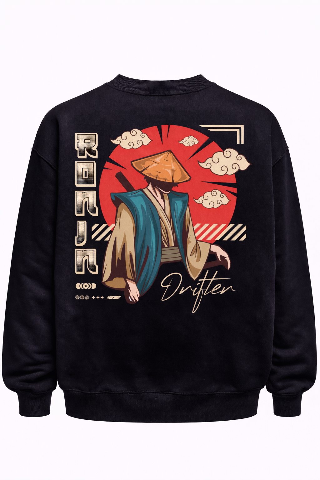 Black crewneck with Japan-inspired ronin drifter graphic, red sun, stylized clouds, text