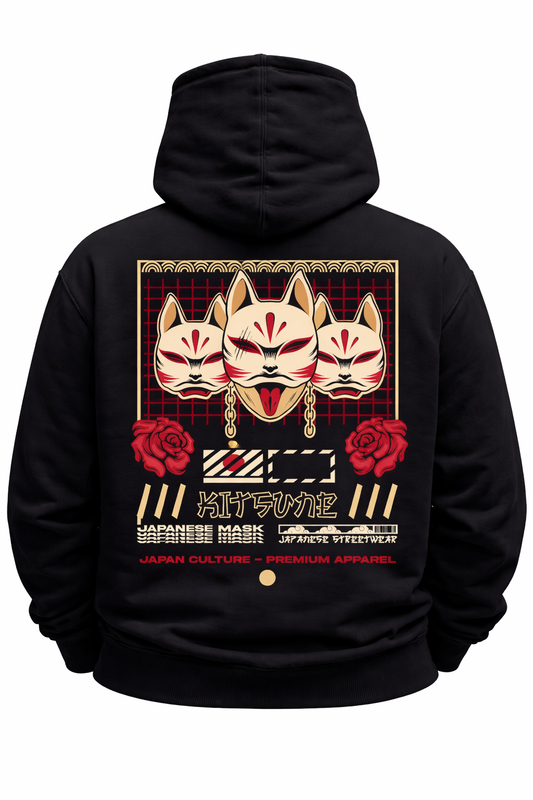 Black hoodie with Japanese kitsune mask graphic, roses, and modern streetwear design.