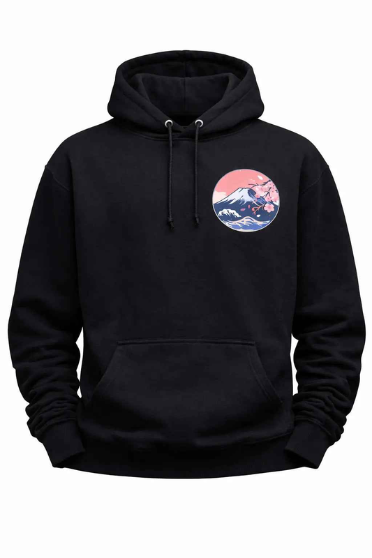 Black hoodie with Mount Fuji and cherry blossom graphic on chest, Japan-inspired streetwear