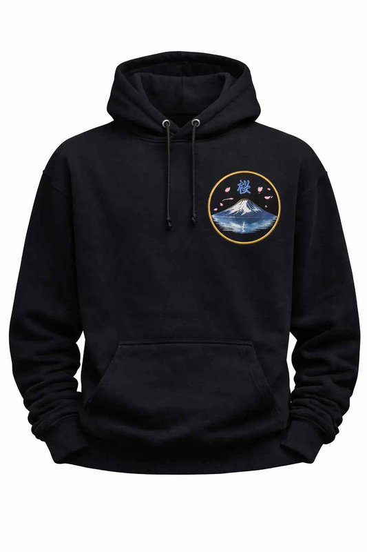 Black hoodie with Mount Fuji, sakura petals, and Japanese kanji graphic on chest