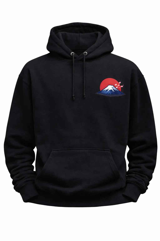 Black hoodie with Mount Fuji, red sun, and cherry blossom print, Japan-inspired streetwear.
