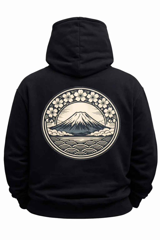 Black hoodie with Mount Fuji and sakura flower graphic in Japanese streetwear style