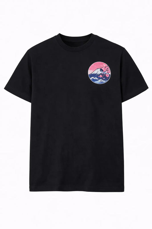Black t-shirt with Mount Fuji and sakura cherry blossom graphic on chest