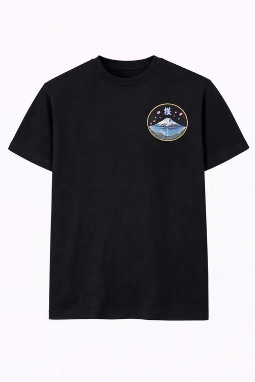 Black streetwear t-shirt with Mount Fuji and sakura blossom patch on chest