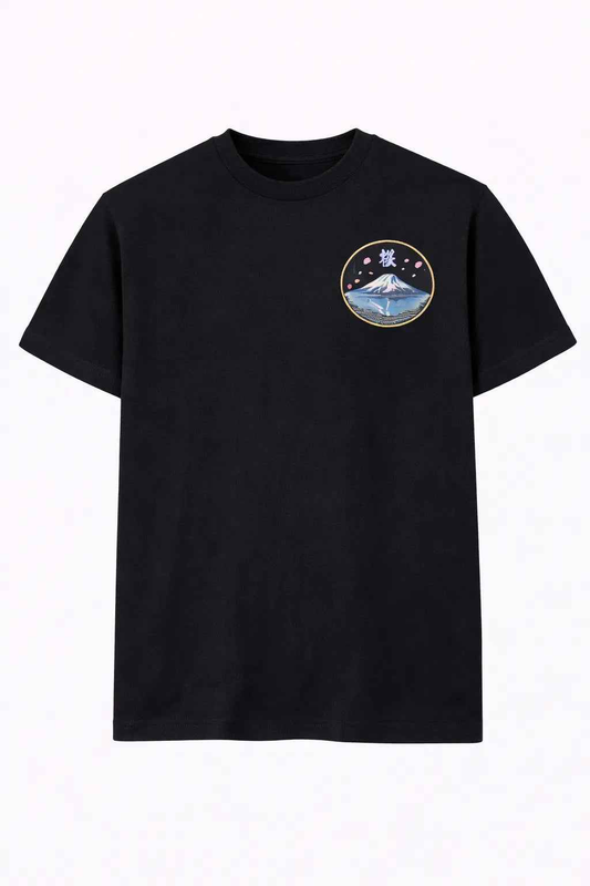 Black streetwear t-shirt with Mount Fuji and sakura blossom patch on chest
