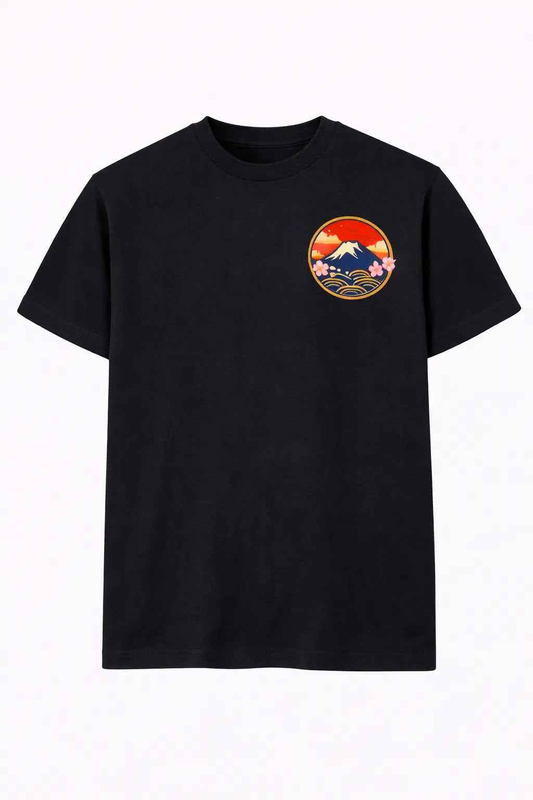 Black t-shirt with Mount Fuji, sakura flowers, and Japanese wave graphic on chest