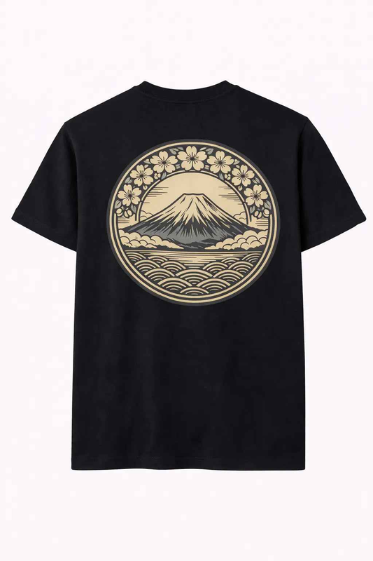 Black t-shirt with Mount Fuji and sakura cherry blossom graphic in a circular design.