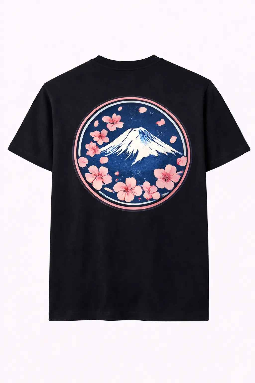 Black t-shirt with Mount Fuji and pink sakura blossom graphic in a circular design on back