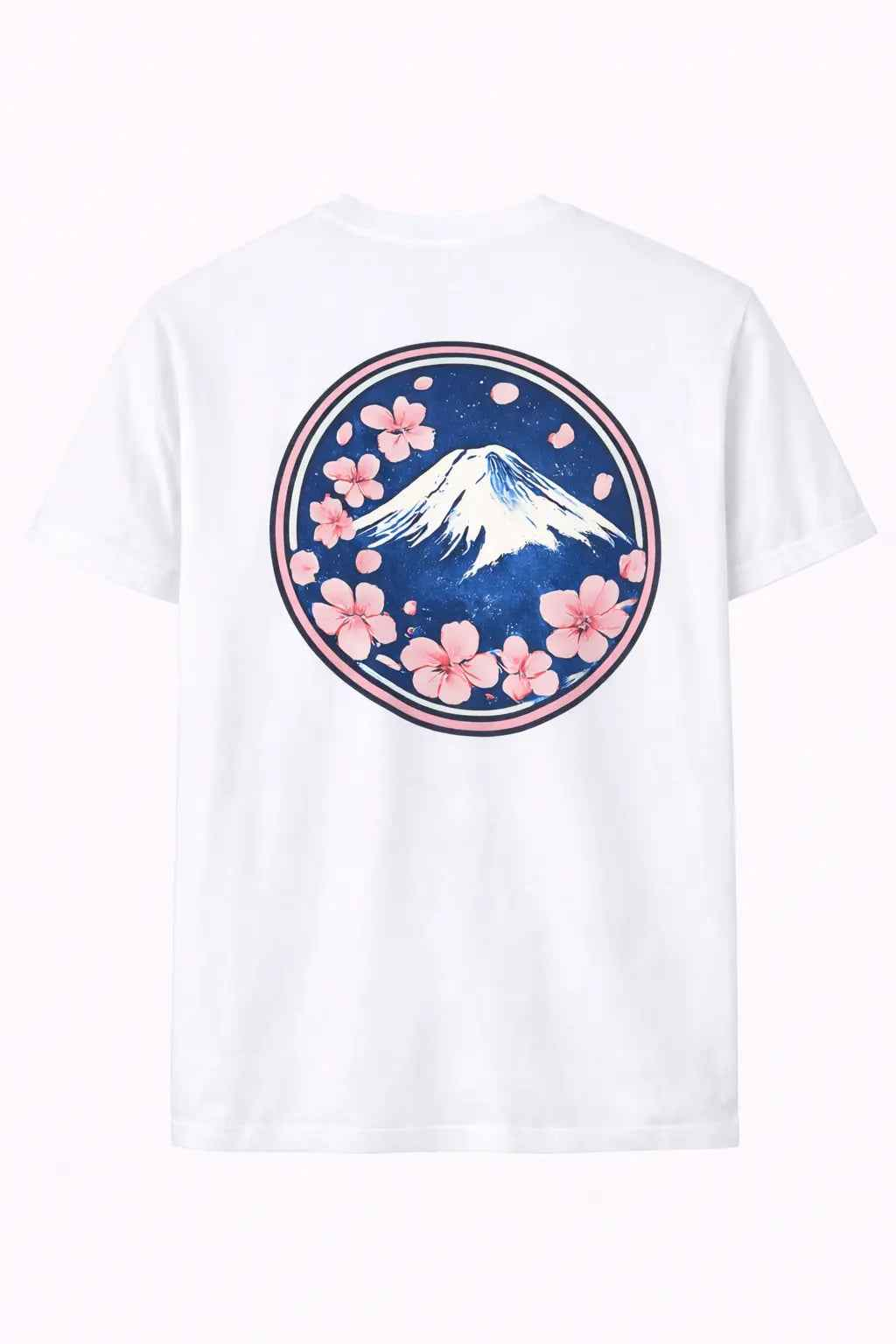 White t-shirt with Mount Fuji and pink sakura flower graphic, Japan-inspired streetwear.