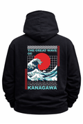 Black hoodie with Great Wave Kanagawa and red sun Japan-inspired streetwear design