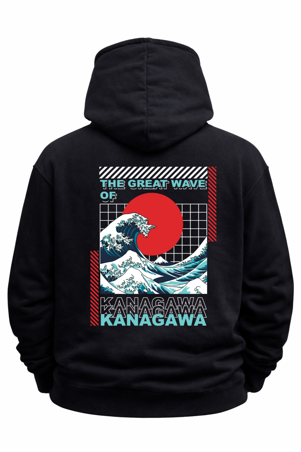 Black hoodie with Great Wave Kanagawa and red sun Japan-inspired streetwear design