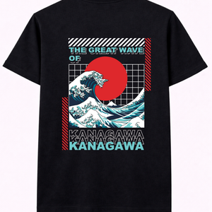 Black t-shirt with Great Wave of Kanagawa and red sun graphic, Japan streetwear style