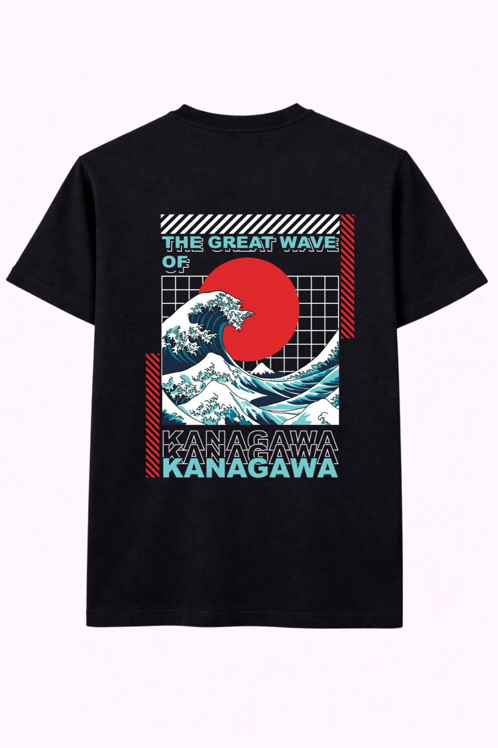 Black t-shirt with Great Wave of Kanagawa and red sun graphic, Japan streetwear style