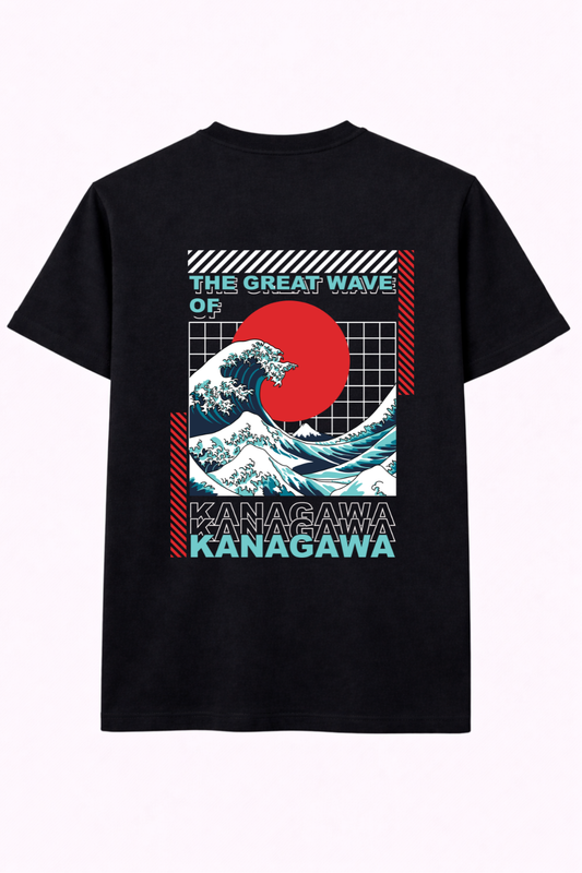 Black t-shirt with Great Wave of Kanagawa and red sun graphic, Japan streetwear style