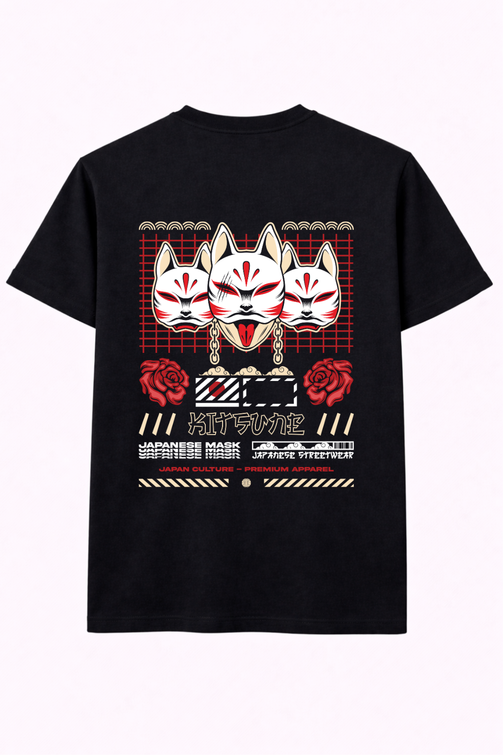 Black t-shirt with Japan-inspired kitsune fox masks, red roses, and streetwear graphics.