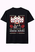 Black t-shirt with Japan-inspired kitsune fox masks, red roses, and streetwear graphics.