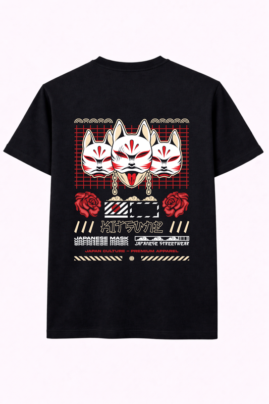 Black t-shirt with Japan-inspired kitsune fox masks, red roses, and streetwear graphics.