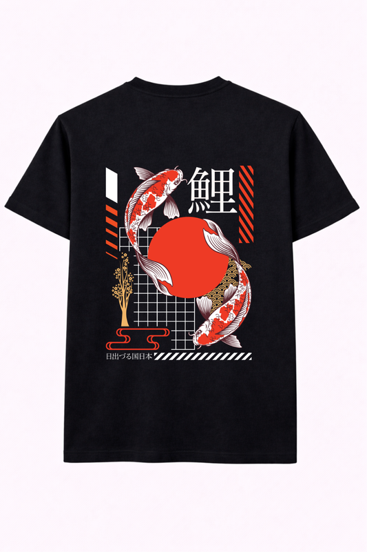 Black t-shirt with Japanese koi fish, red sun, Kanji text, and geometric streetwear design