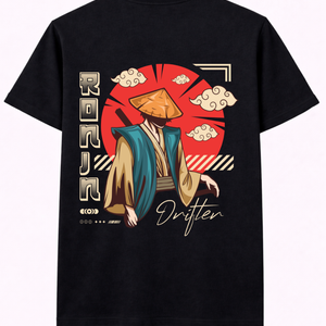 Black t-shirt with Japan-inspired ronin graphic, red sun, clouds, and 'Drifter' text.