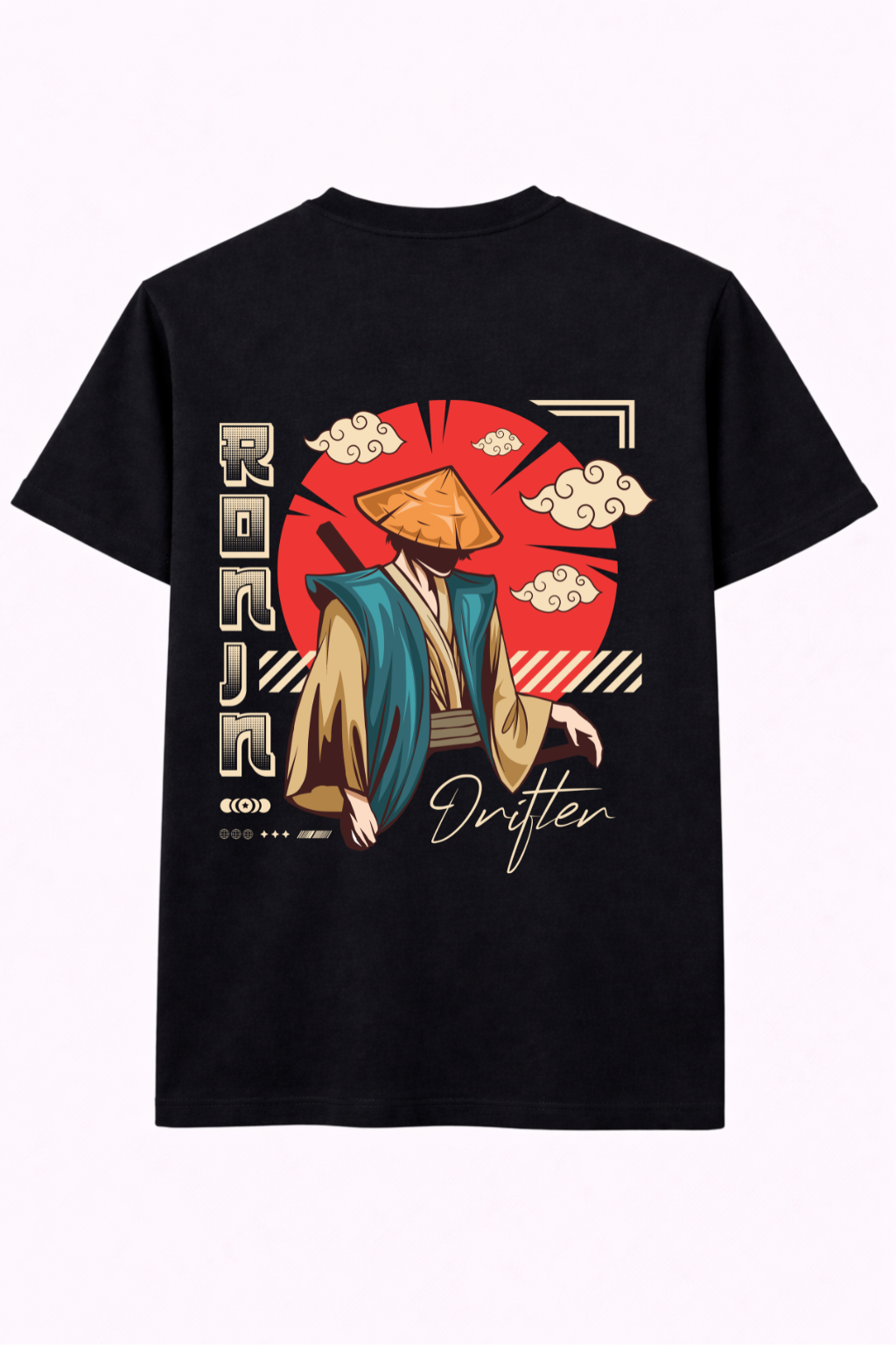 Black t-shirt with Japan-inspired ronin graphic, red sun, clouds, and 'Drifter' text.
