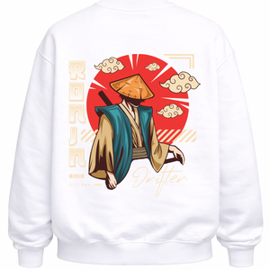 White crewneck with Japan-inspired ronin graphic, red sun, clouds, and kanji design.