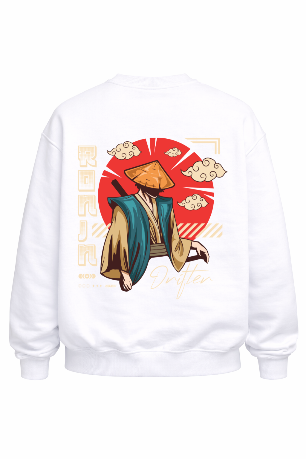 White crewneck with Japan-inspired ronin graphic, red sun, clouds, and kanji design.