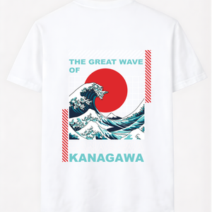 White t-shirt with The Great Wave of Kanagawa and red sun Japan-inspired streetwear graphic
