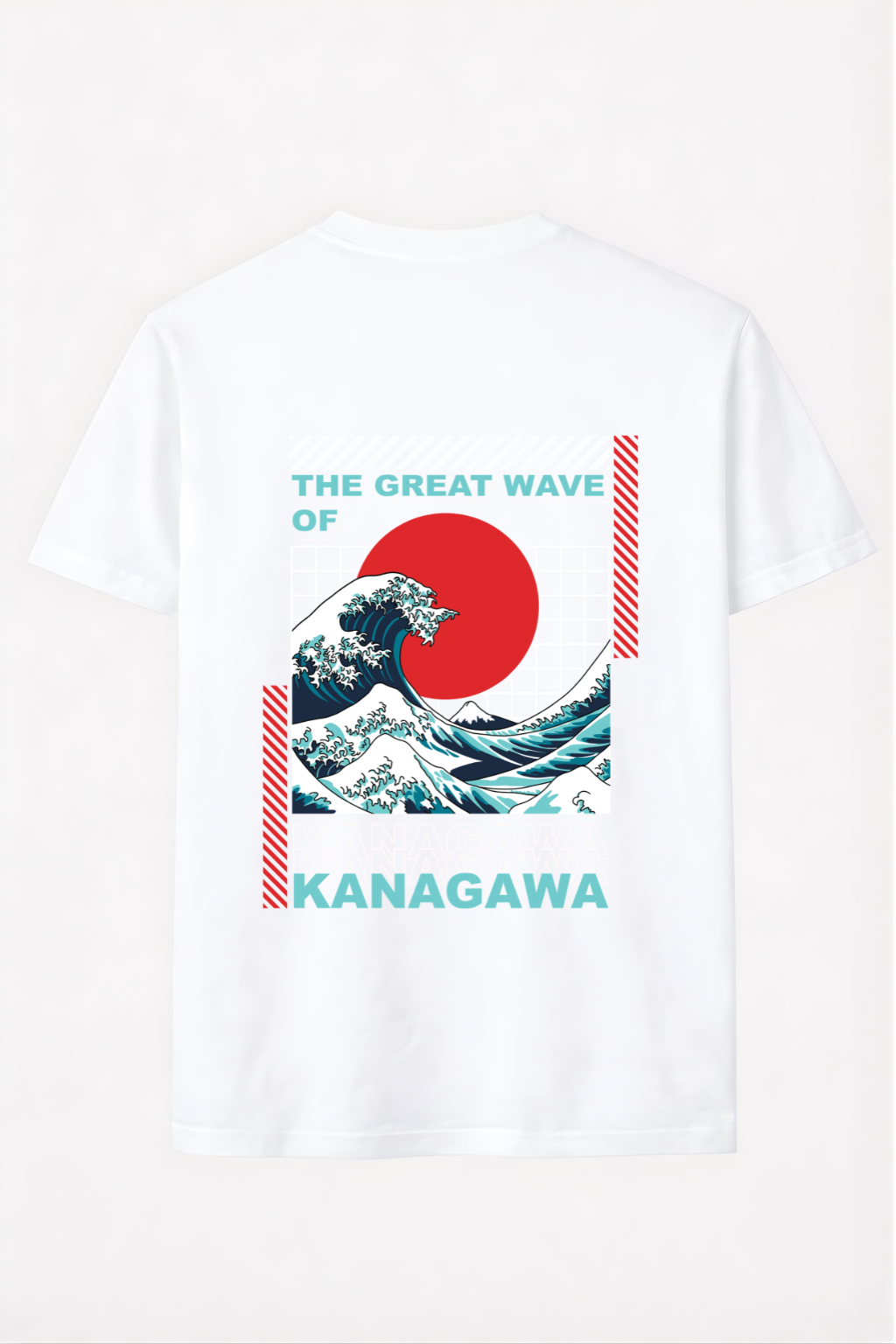White t-shirt with The Great Wave of Kanagawa and red sun Japan-inspired streetwear graphic