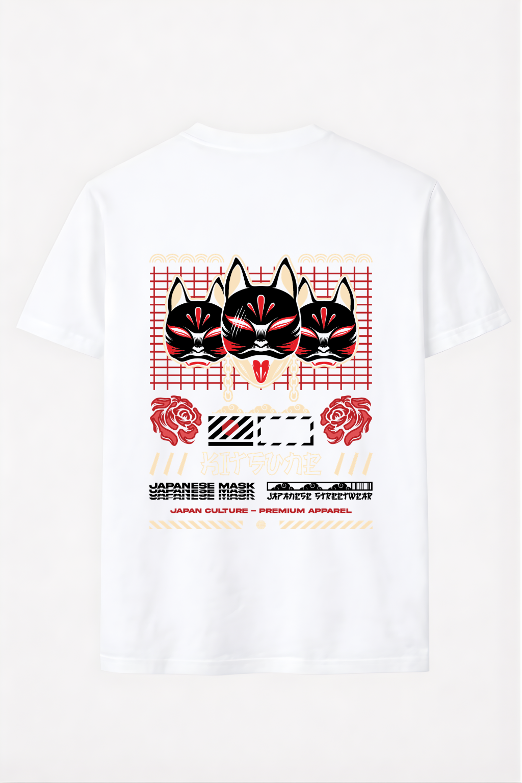 White t-shirt with bold Japanese kitsune fox masks, red roses, and streetwear graphics