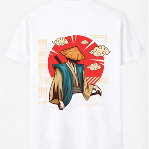 White t-shirt with Japan-inspired ronin samurai graphic, red sun, clouds, and 'Drifter' text