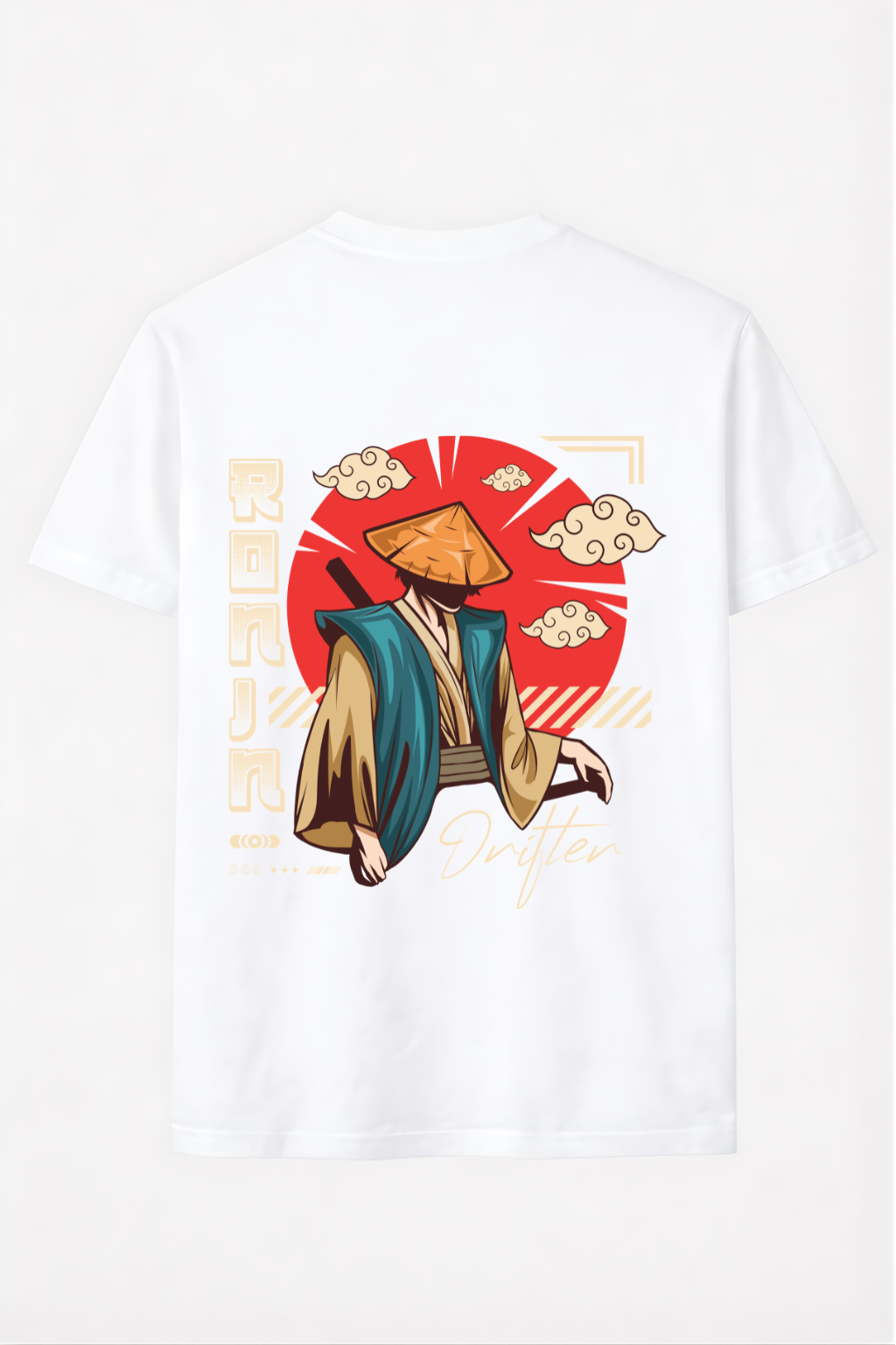 White t-shirt with Japan-inspired ronin samurai graphic, red sun, clouds, and 'Drifter' text