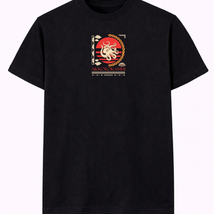 Black t-shirt with Akkorokamui Japanese octopus graphic and red sun design on chest