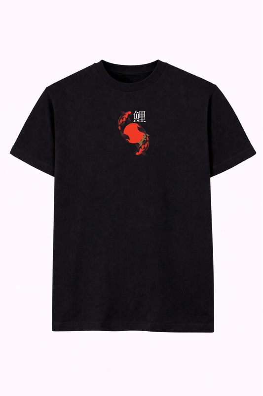 Black t-shirt with red koi fish, Japanese kanji, and Mount Fuji inspired graphic