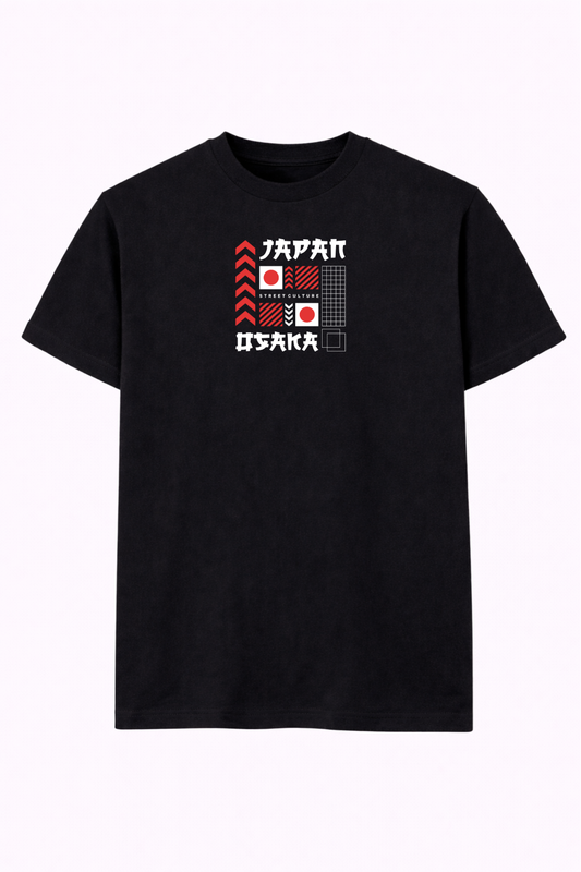 Black t-shirt with Japan Osaka street culture graphic and red geometric patterns
