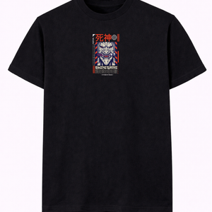 Black streetwear t-shirt with Japan-inspired samurai mask and Shinigami graphic on chest