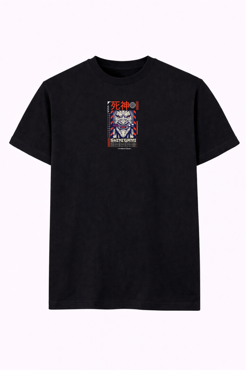 Black streetwear t-shirt with Japan-inspired samurai mask and Shinigami graphic on chest