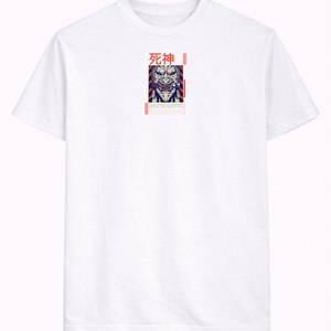 White t-shirt with Japanese demon mask graphic and kanji, Japan-inspired streetwear design