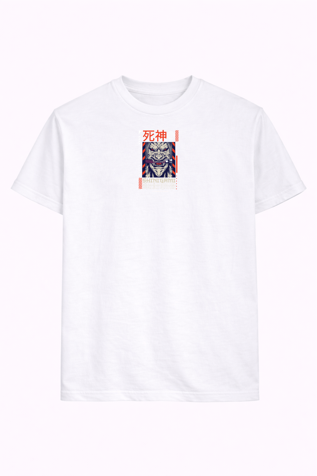 White t-shirt with Japanese demon mask graphic and kanji, Japan-inspired streetwear design